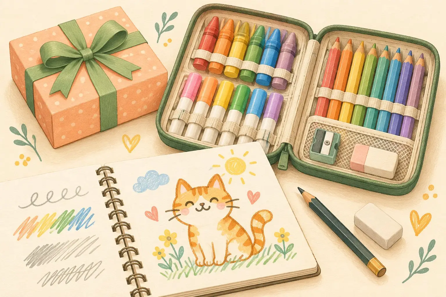 Original illustration of a peach gift box, an open case of crayons, markers and colored pencils, and a sketchbook with a cheerful cat drawing.