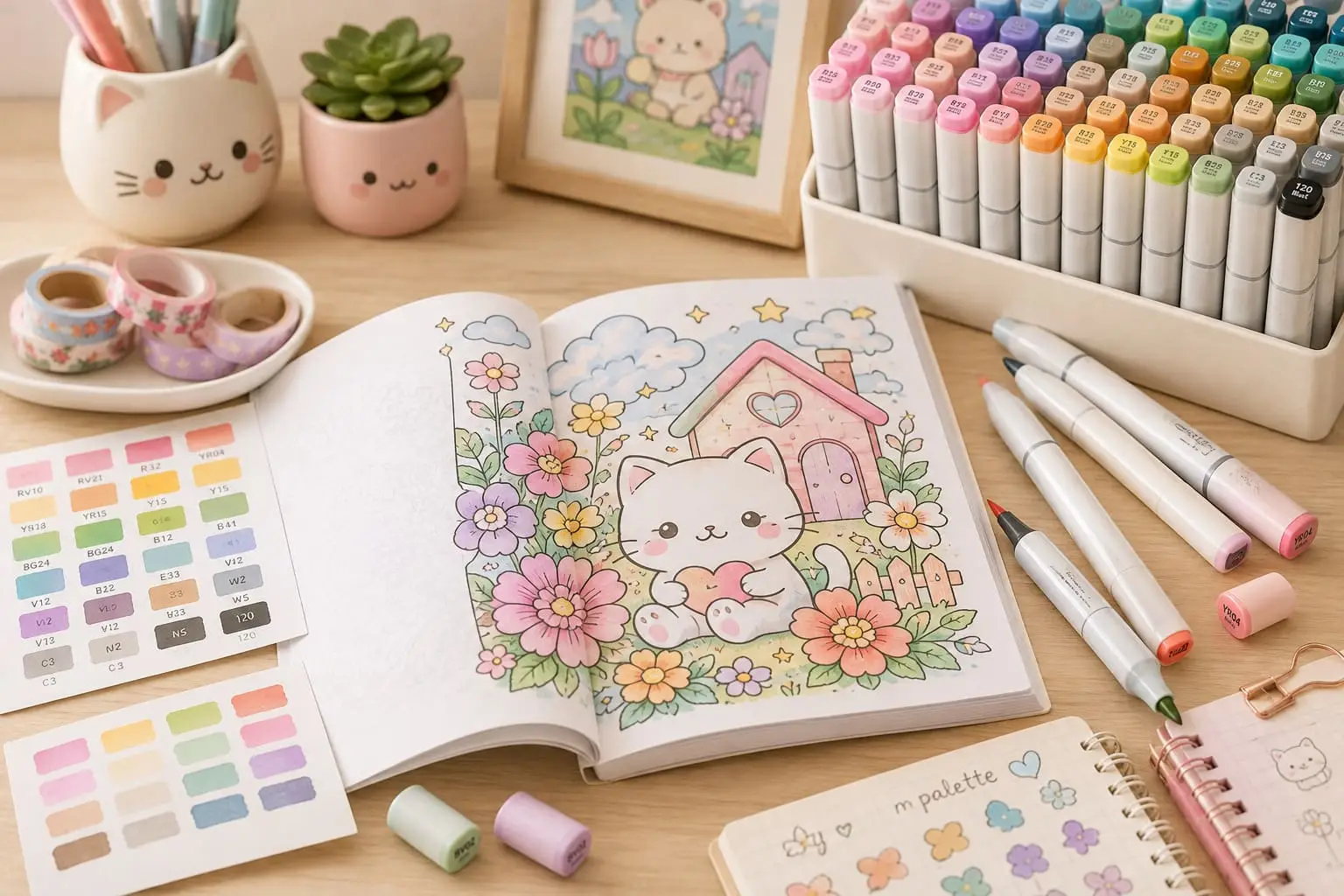 Alcohol markers arranged around a kawaii coloring book with pastel illustrations, color swatches, and art supplies on a cozy desk.