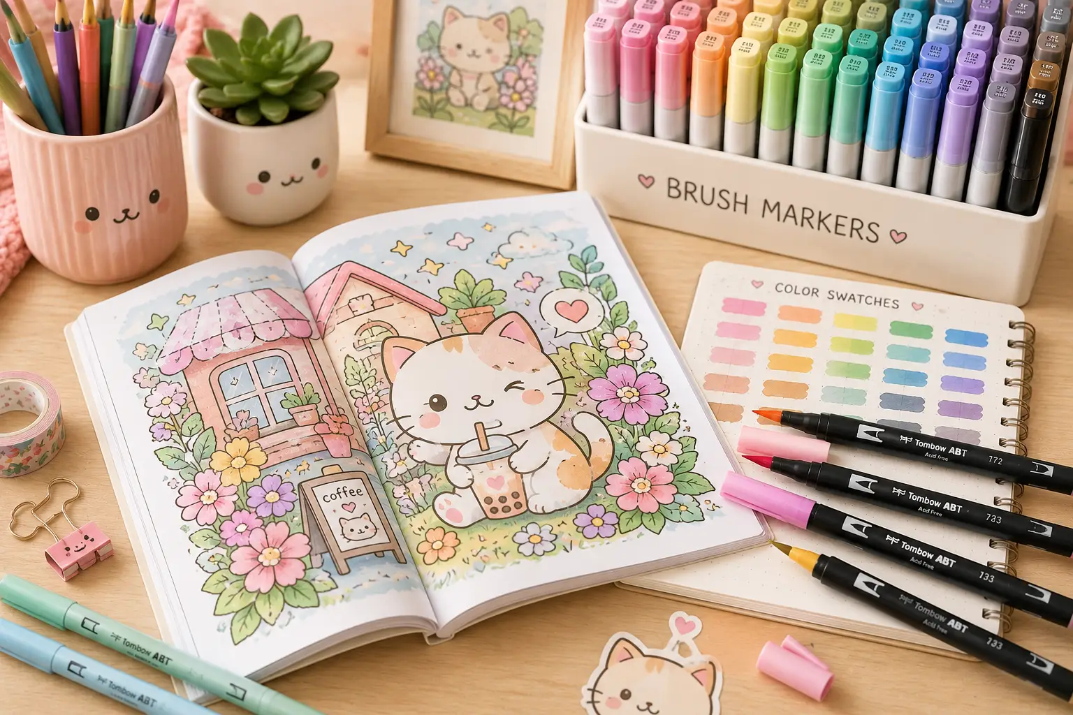 Brush markers arranged around a kawaii coloring book with a pastel cat illustration, color swatches, and cozy art supplies on a wooden desk.