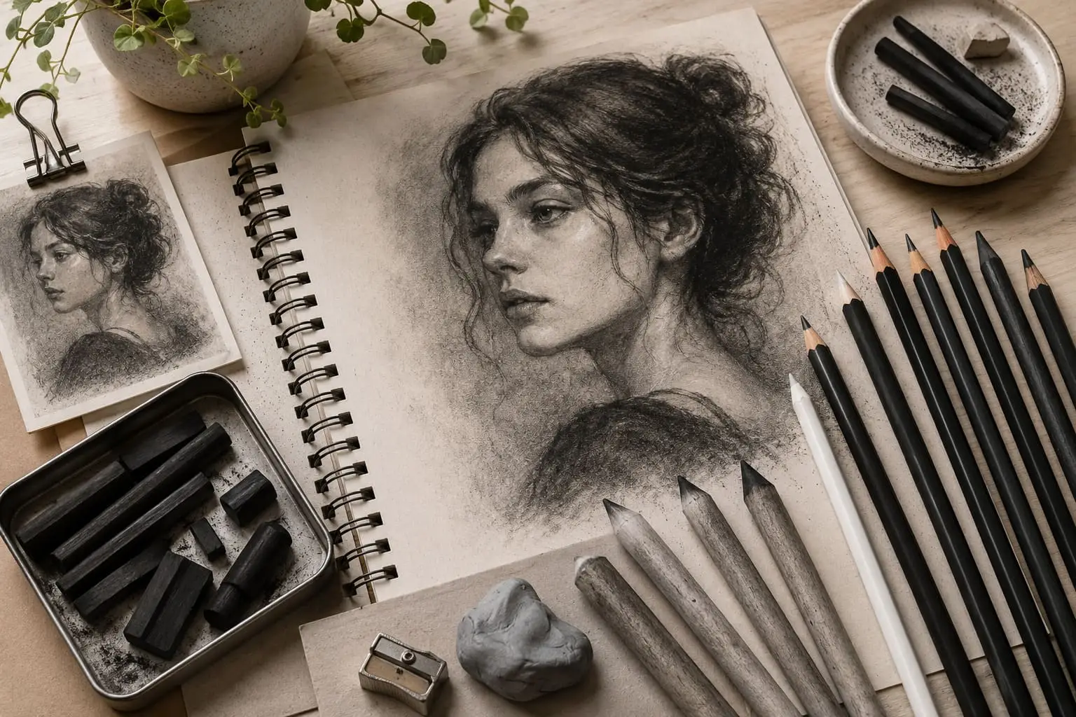 Charcoal pencils, blending tools and charcoal sticks arranged around a detailed portrait sketch in an artist’s workspace.