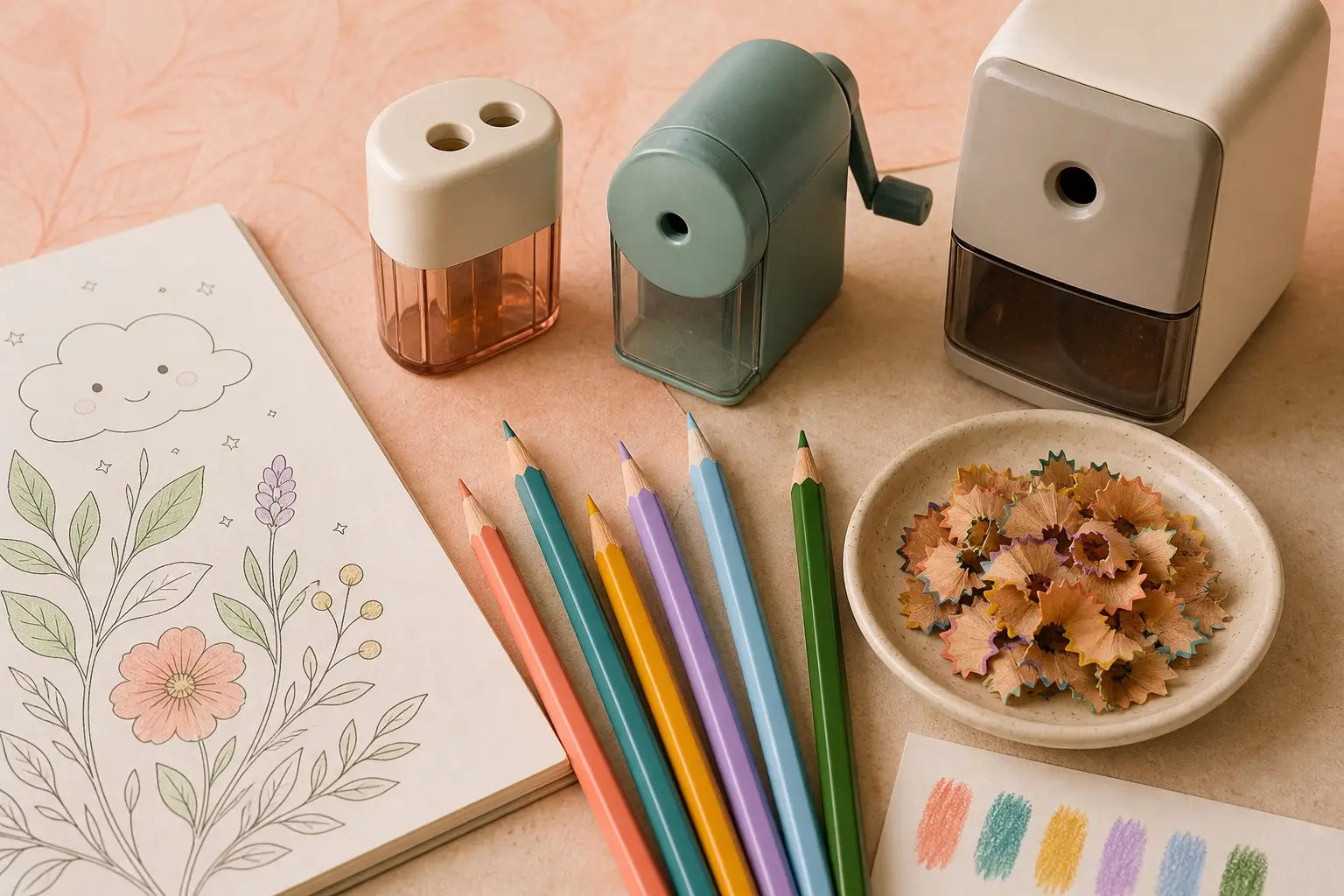 Unbranded colored pencils with clean points beside generic manual, crank and electric sharpeners, a coloring page, swatches and curled wood shavings on a warm craft table