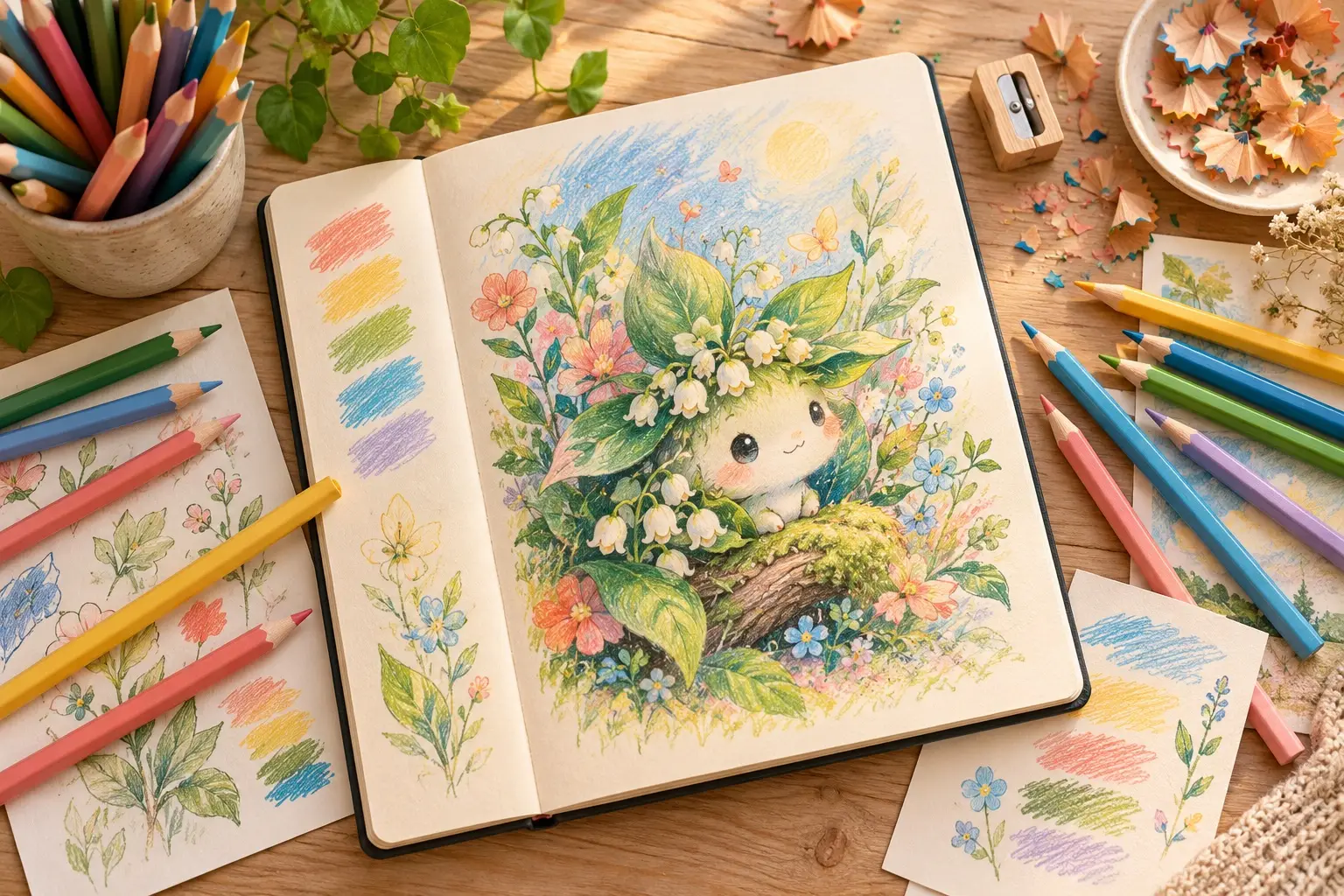 An open sketchbook with an original leafy character drawing surrounded by unbranded colored pencils, color swatches and pencil shavings on a warm wooden desk
