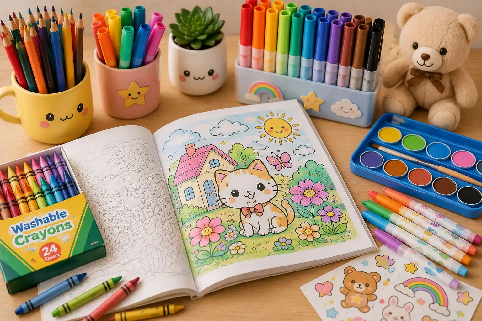 Kids’ coloring supplies including crayons, colored pencils, markers, watercolor paints, stickers, and an open kawaii coloring book on a bright craft desk.