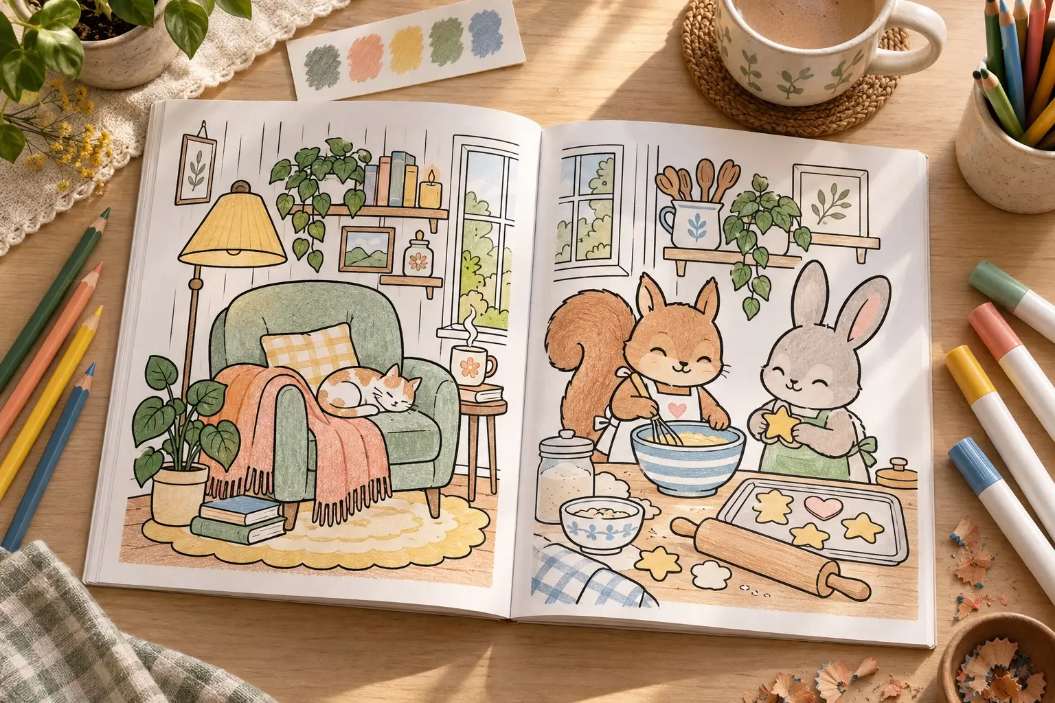 Open generic coloring book with original bold cozy-room and animal-friend line art, surrounded by unbranded pencils, markers and a swatch card.