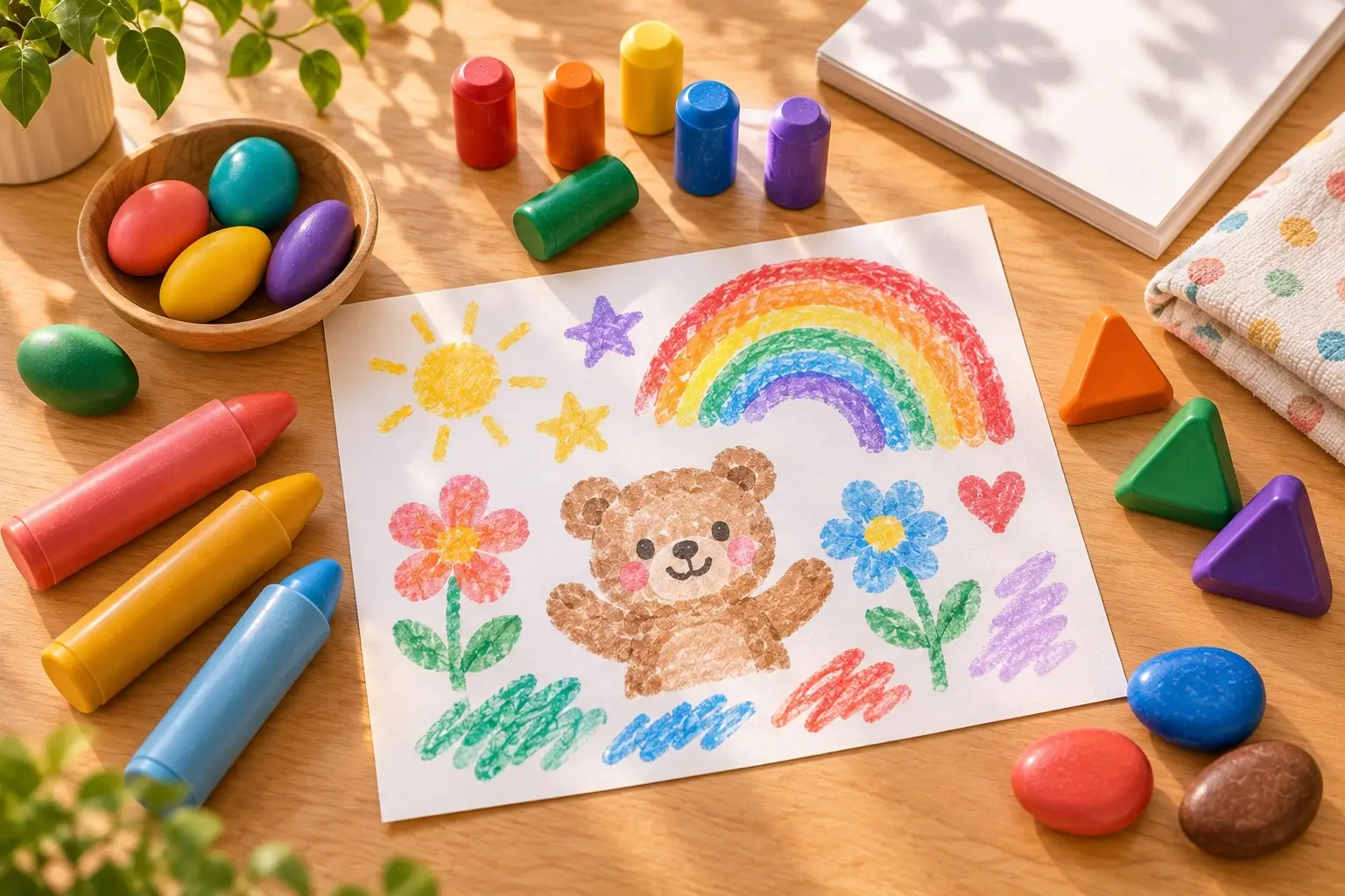 Brand-neutral palm, jumbo, triangular and pebble-shaped toddler crayons around original wax-crayon art of a smiling bear, rainbow and flowers on a warm wooden craft table.