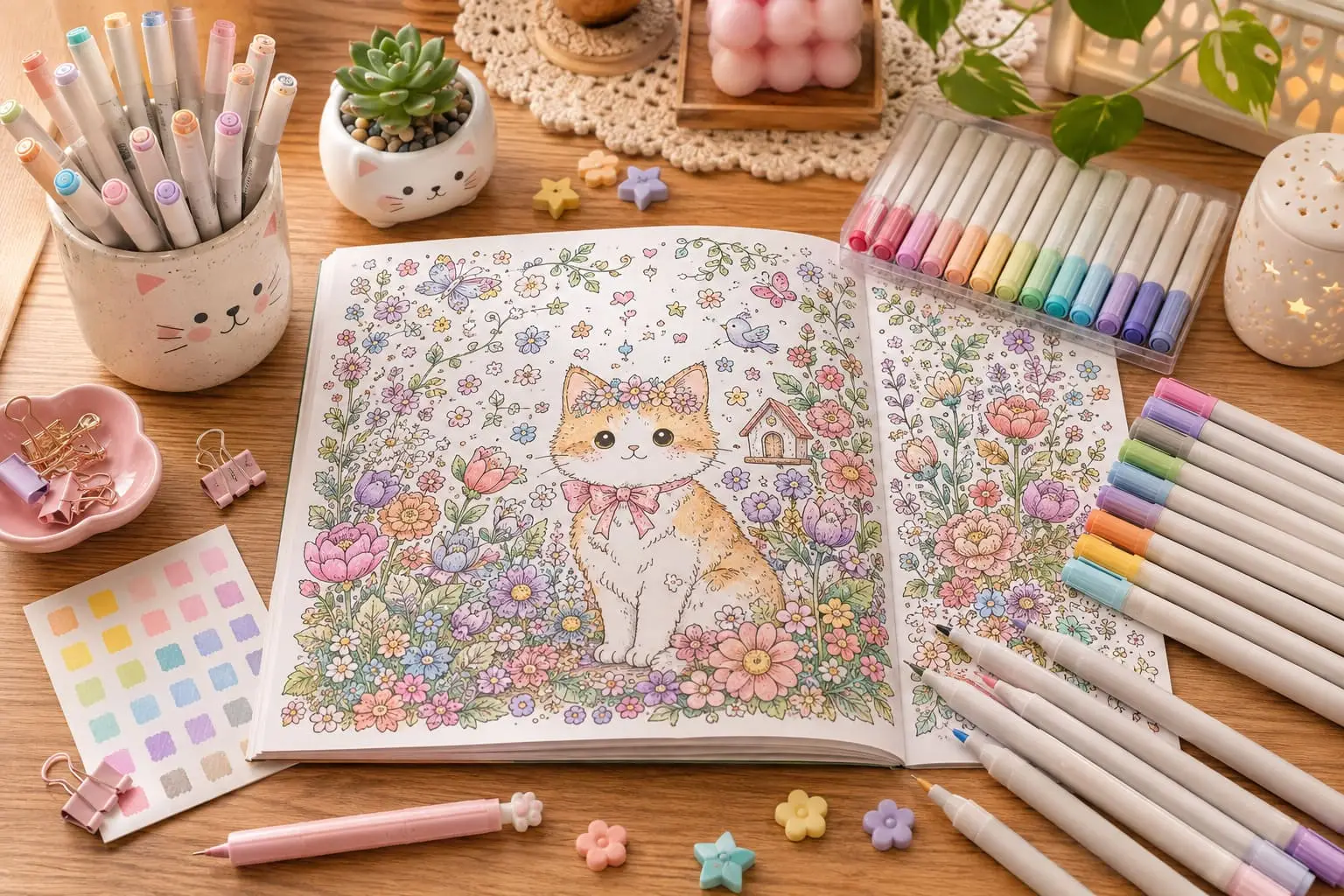 Fine tip markers arranged around a detailed kawaii coloring book featuring a cat and floral garden, with pastel color swatches and cozy art supplies.
