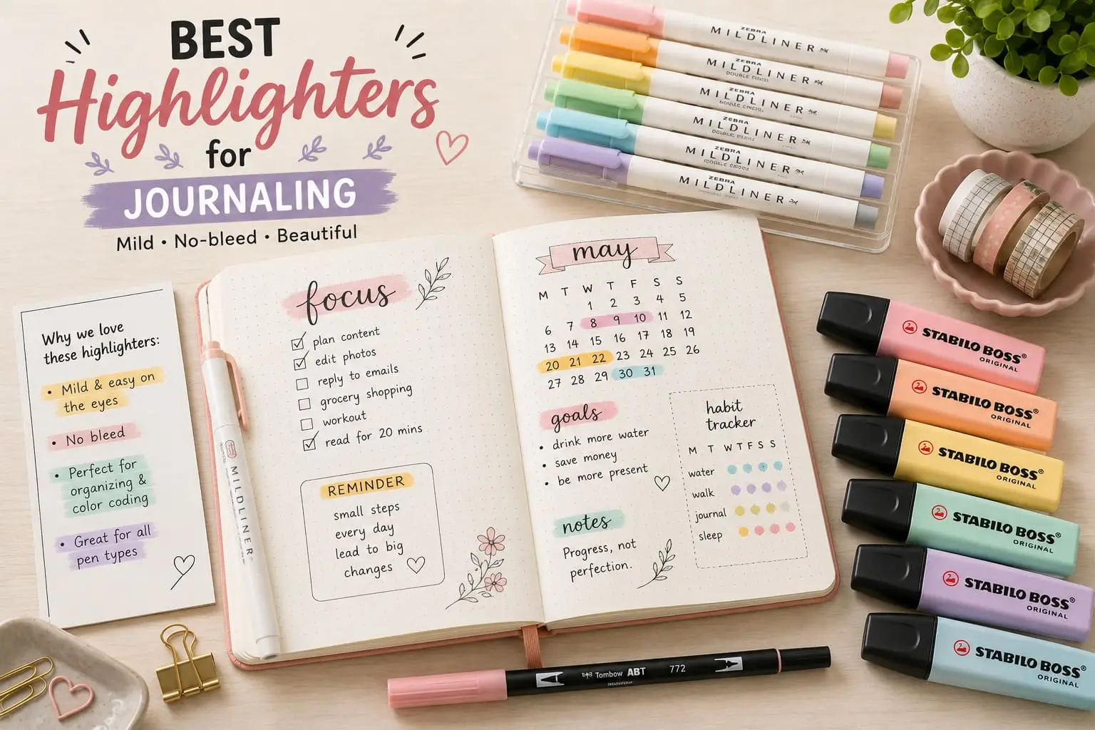 Pastel highlighters arranged around an open bullet journal with colorful planning spreads, habit trackers, notes and washi tape.