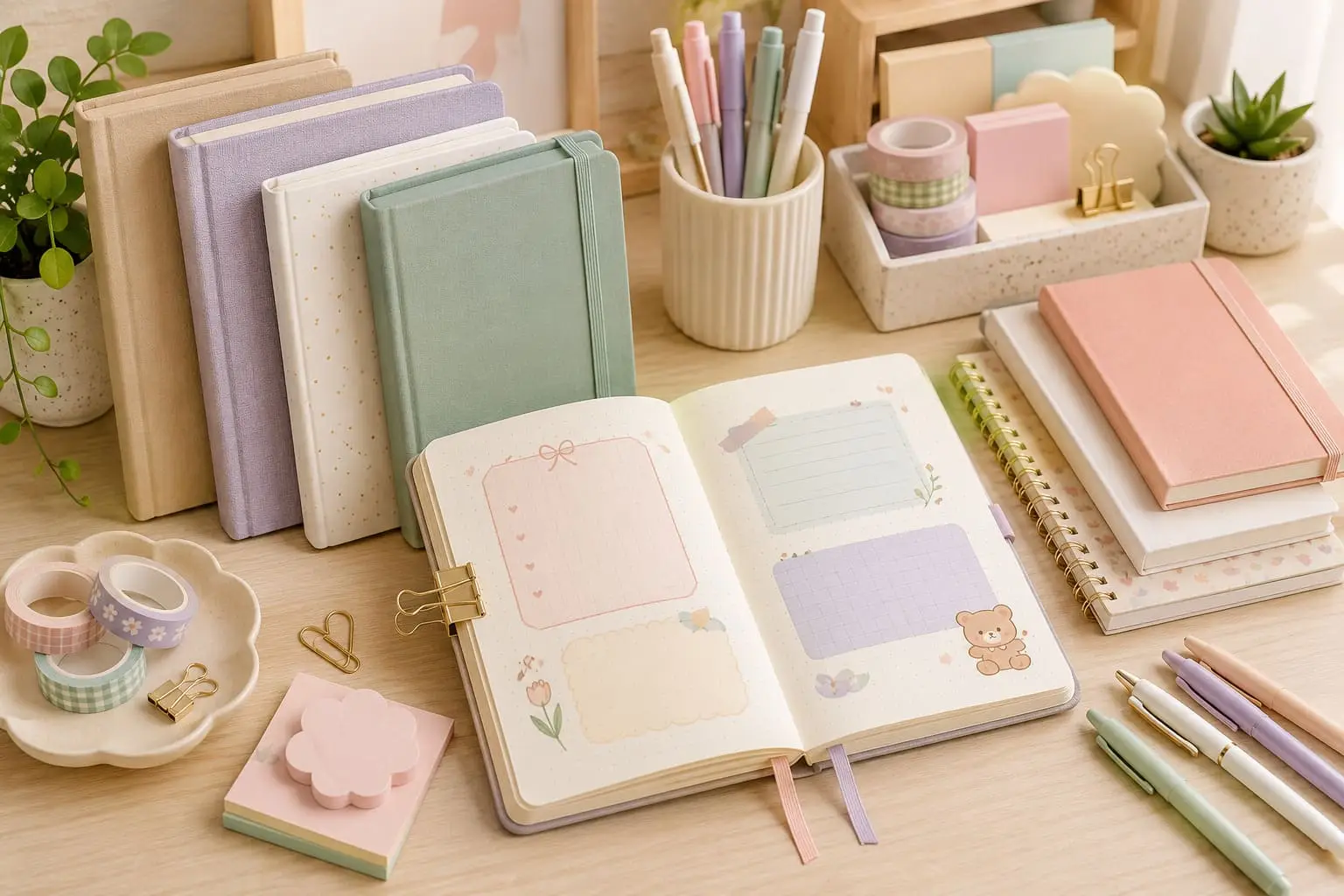 Beginner-friendly journals and notebooks with pens, washi tape, sticky notes and simple pastel journaling layouts arranged on a bright desk.