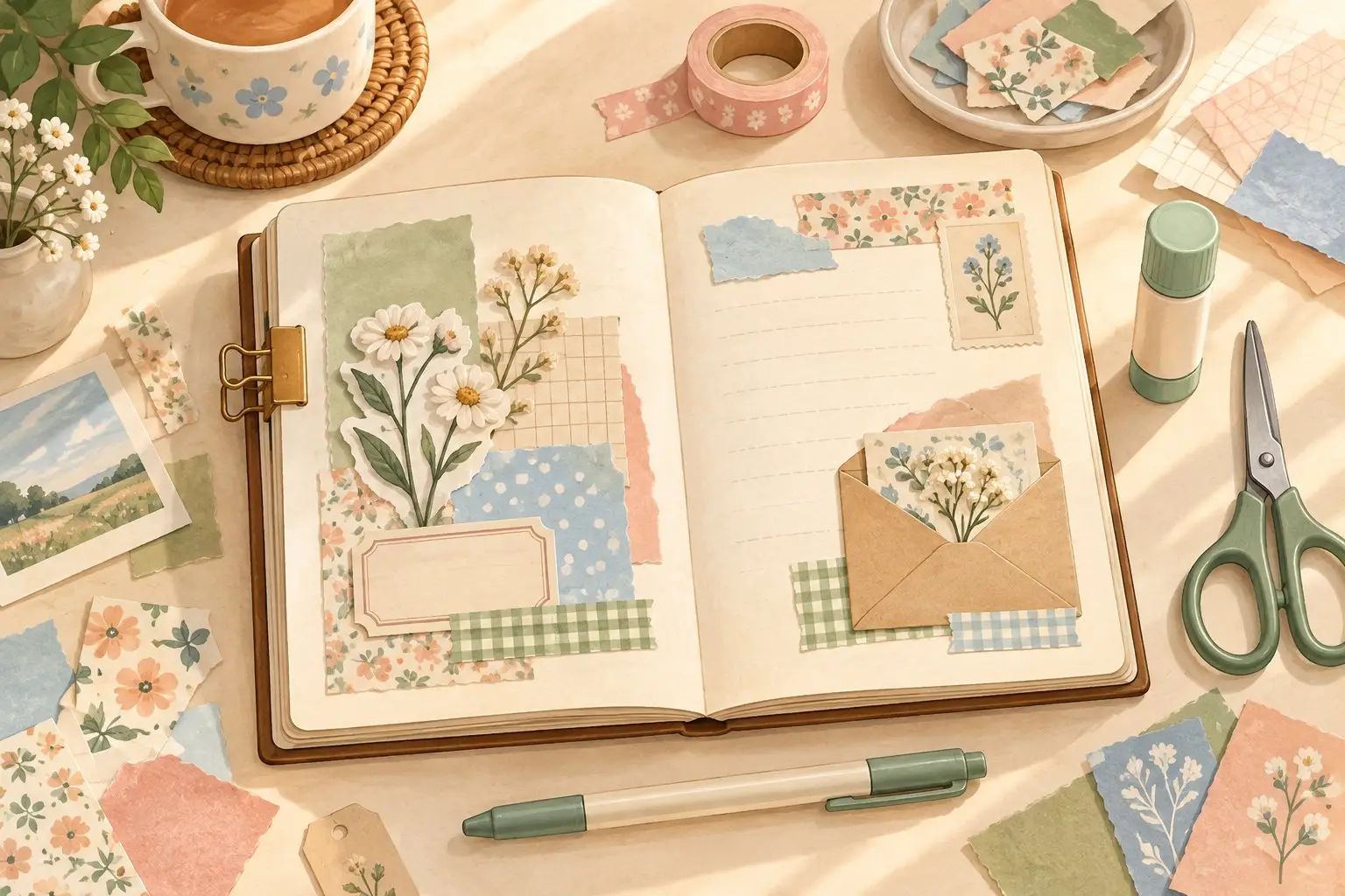 Original illustration of an open junk journal with botanical paper collage and an envelope pocket, surrounded by pastel scraps, washi tape, scissors, glue and a pen.