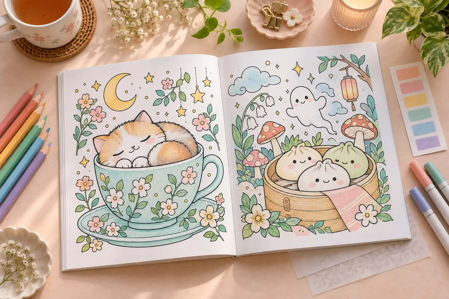Open generic kawaii coloring book with original cat, dumpling, ghost, mushroom and flower art on a warm desk with unbranded coloring tools