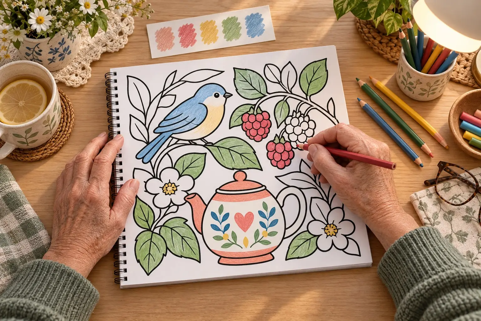 An older adult coloring original large-print bird, berry and teapot line art in a spiral book on a warmly lit craft table