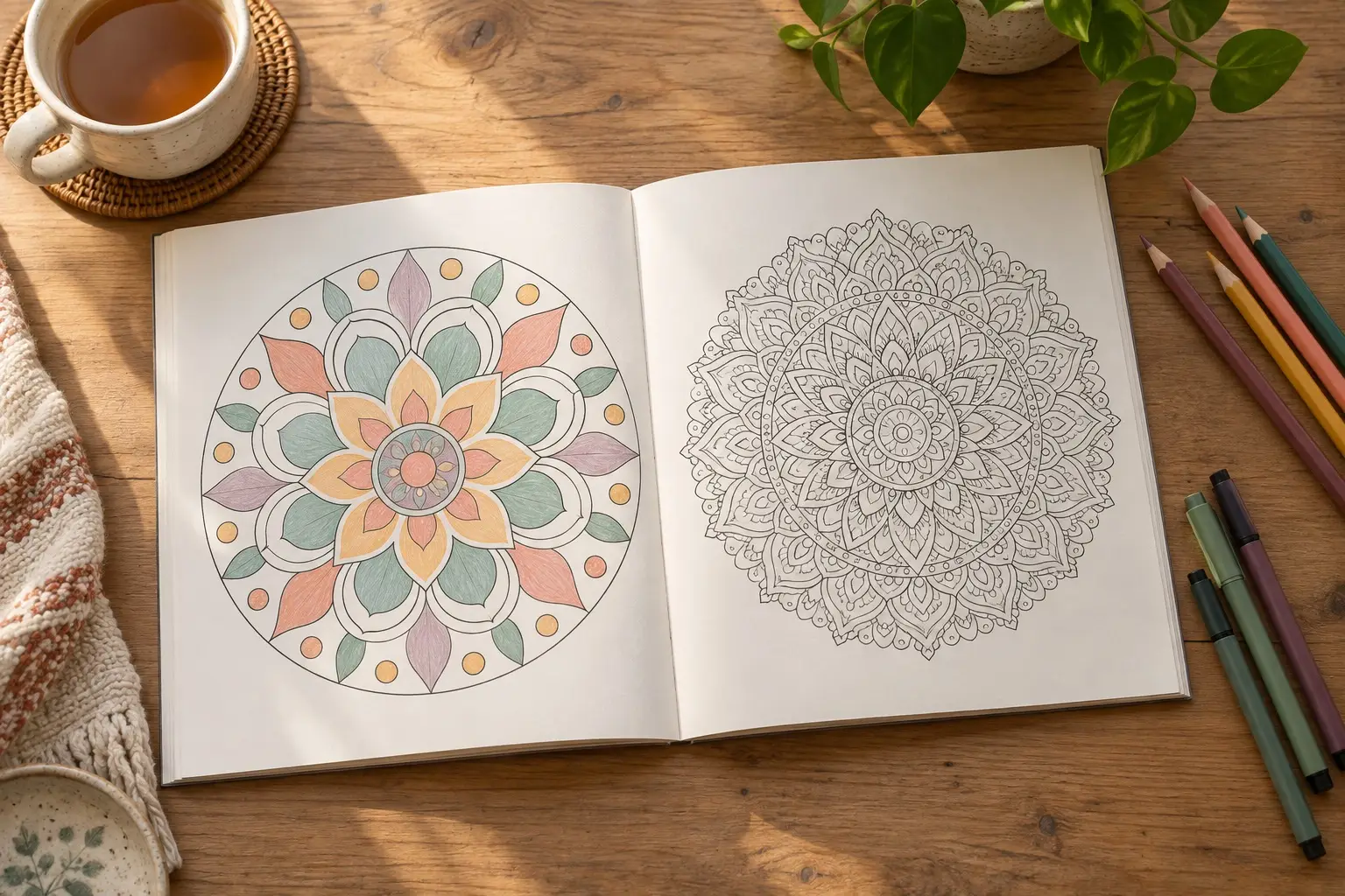 Open generic adult coloring book with one simple partly colored floral mandala and one intricate uncolored mandala on a warm craft desk