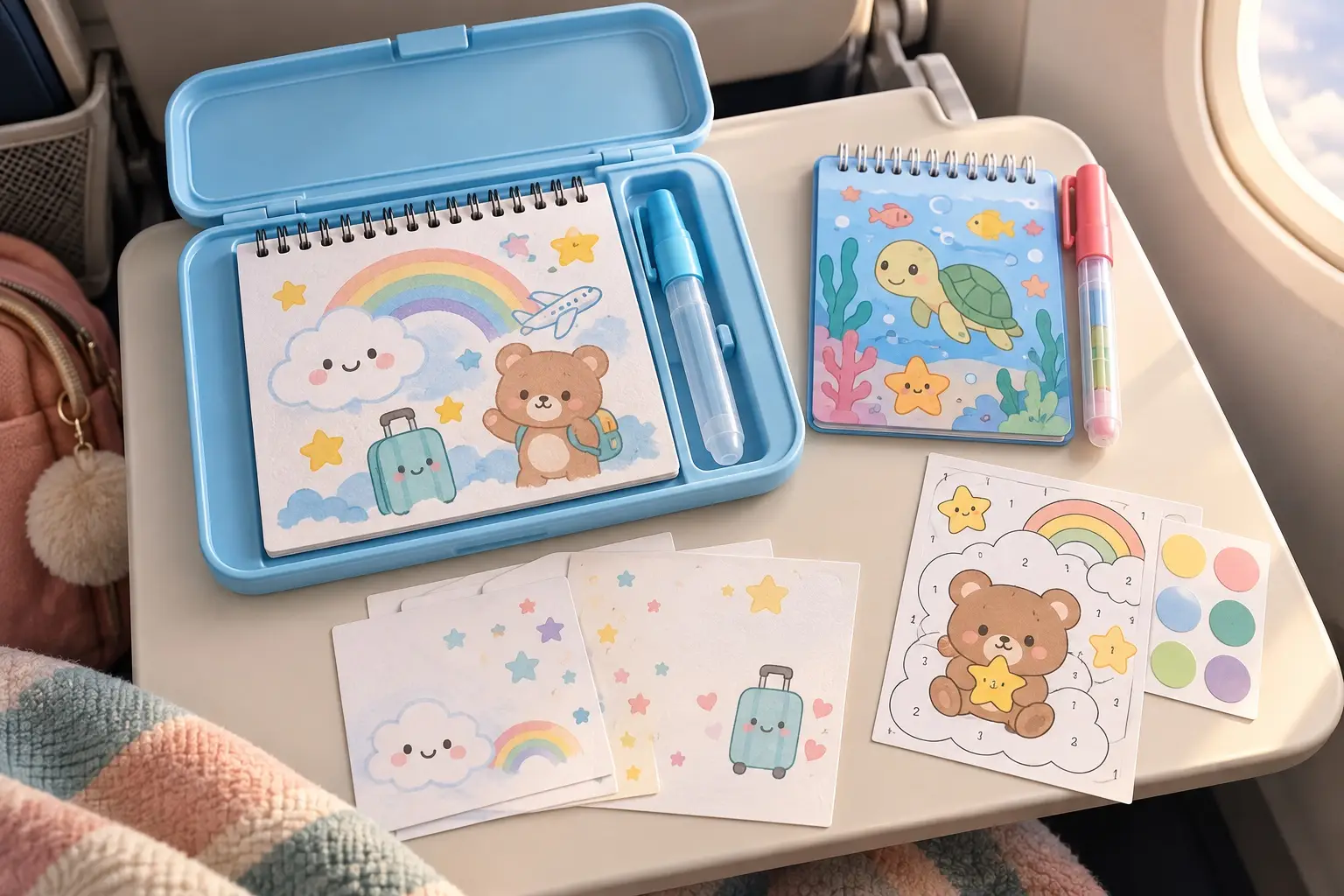 Brand-neutral mess-free travel coloring supplies arranged on an airplane tray, including a lidded lap-desk case, water-reveal pad, color-reveal book and sticker picture.