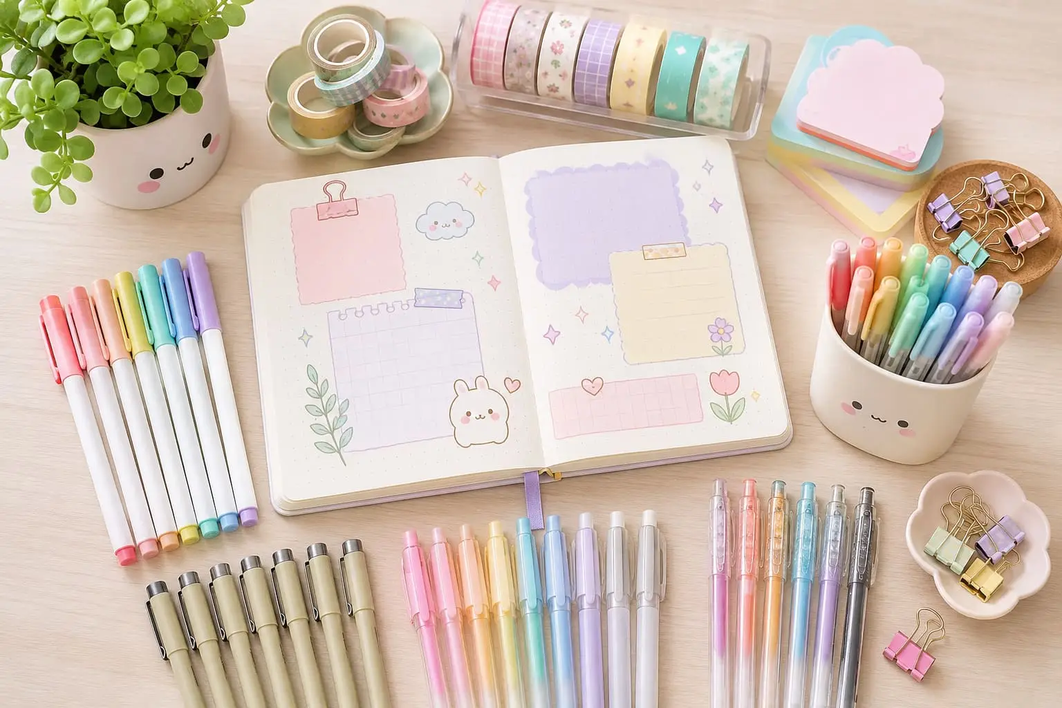 Journaling pens in pastel and black ink colors arranged around an open dotted notebook with decorative layouts, washi tape and stationery.
