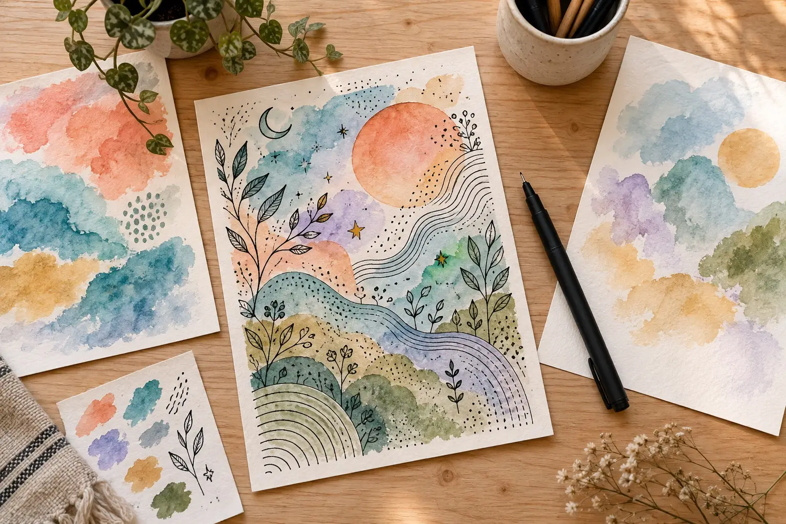 Original watercolor-wash pages on a warm wooden table, with black fineliner contours, leaves, dots and stars added to the central page.