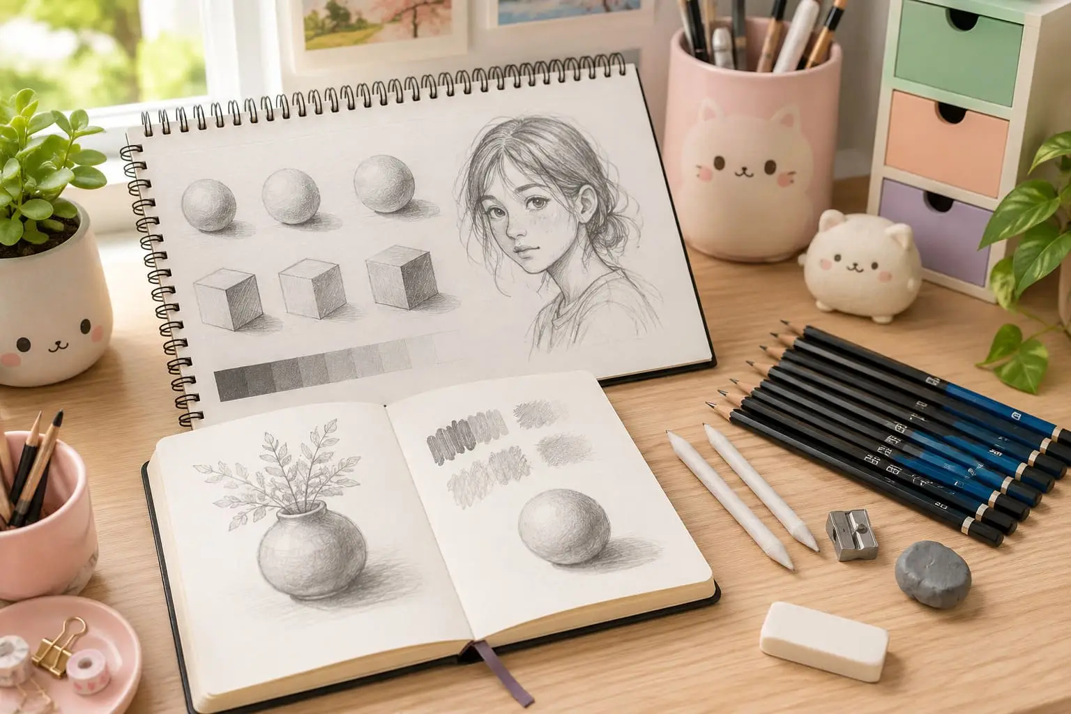 Sketchbooks for pencil drawing with graphite shading studies, pencils, blending stumps, erasers and sketching tools on a bright art desk.
