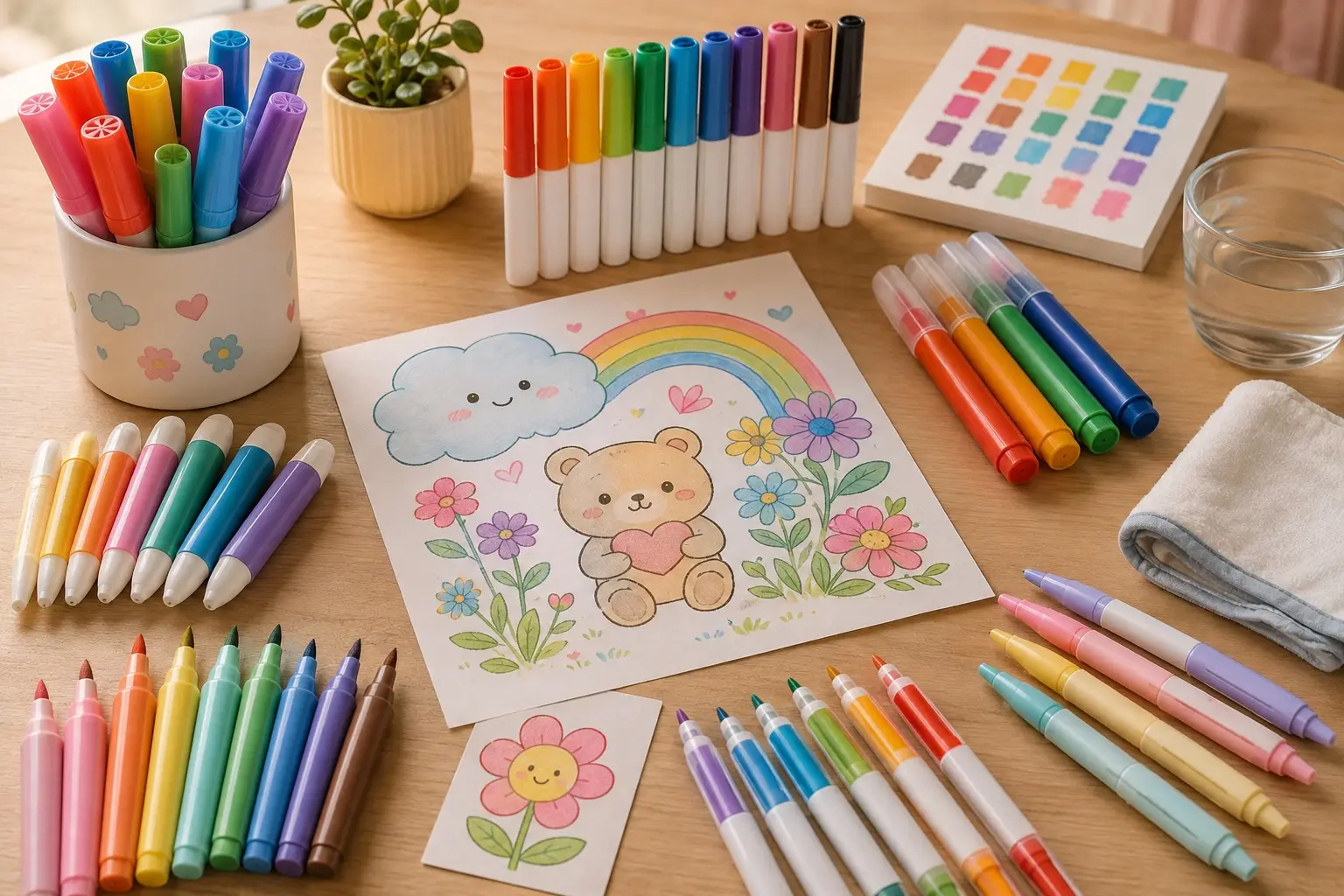 Generic washable markers in broad, fine, brush, dual-ended and retractable formats around original children’s drawings, color swatches, a clean cloth and a cup of water.