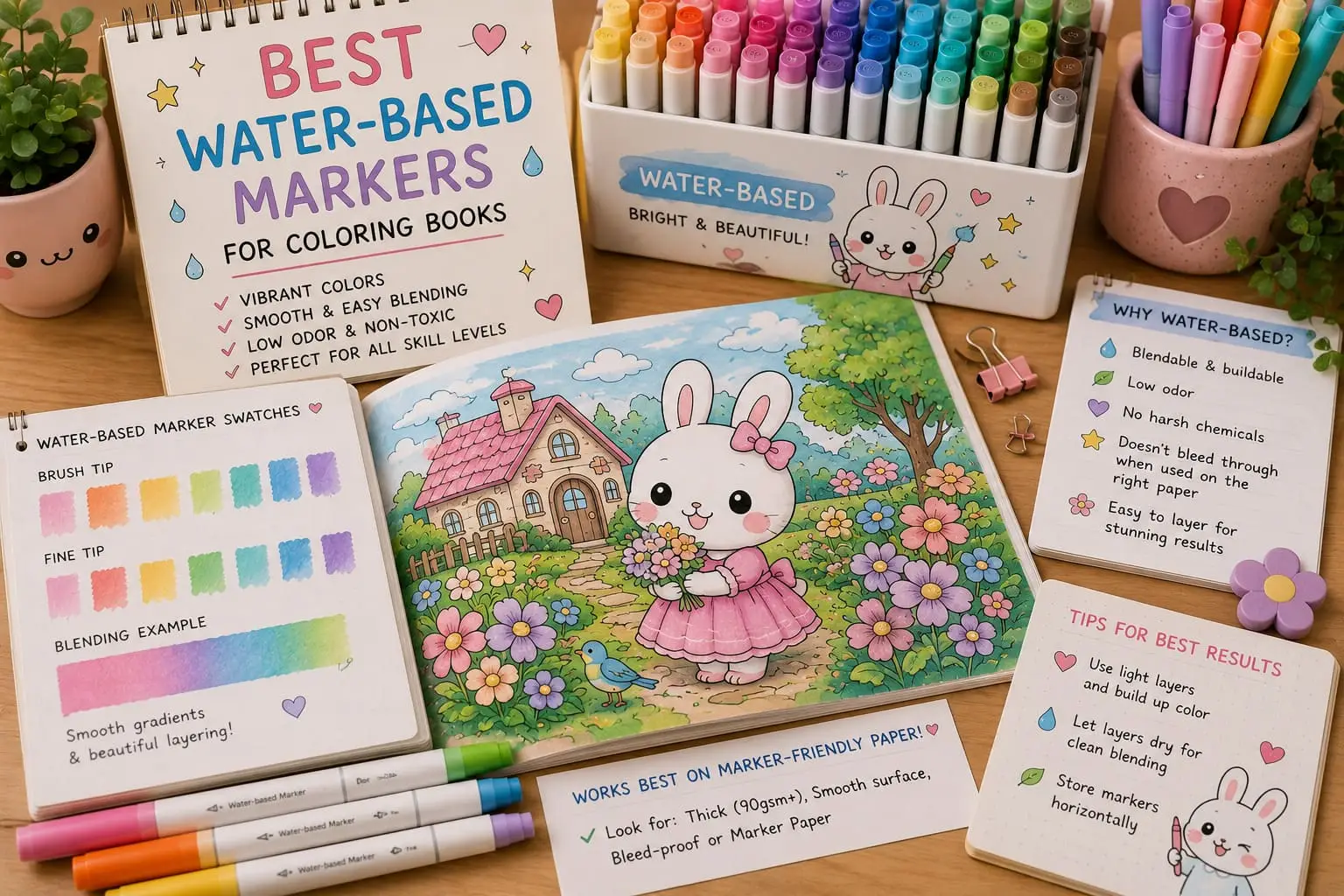 Water-based markers arranged around a kawaii bunny coloring book with pastel flowers, color swatches, and cozy art supplies on a wooden desk.